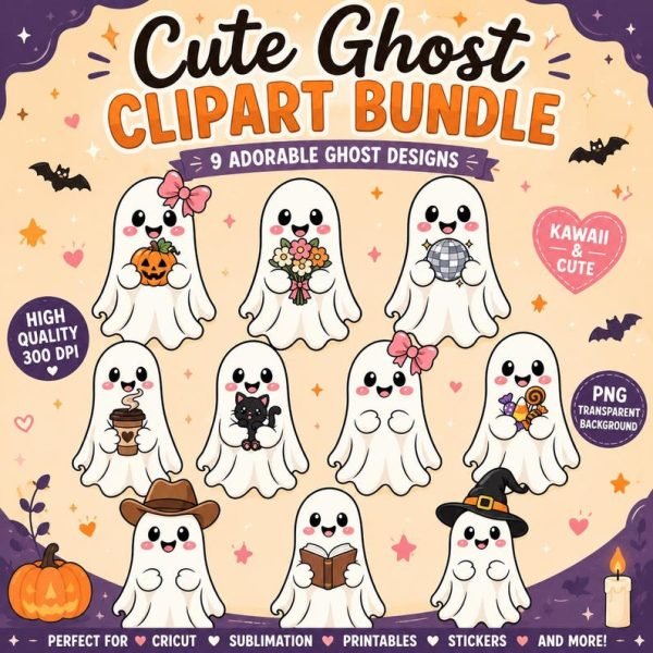 Nine kawaii Halloween ghost PNG clipart designs